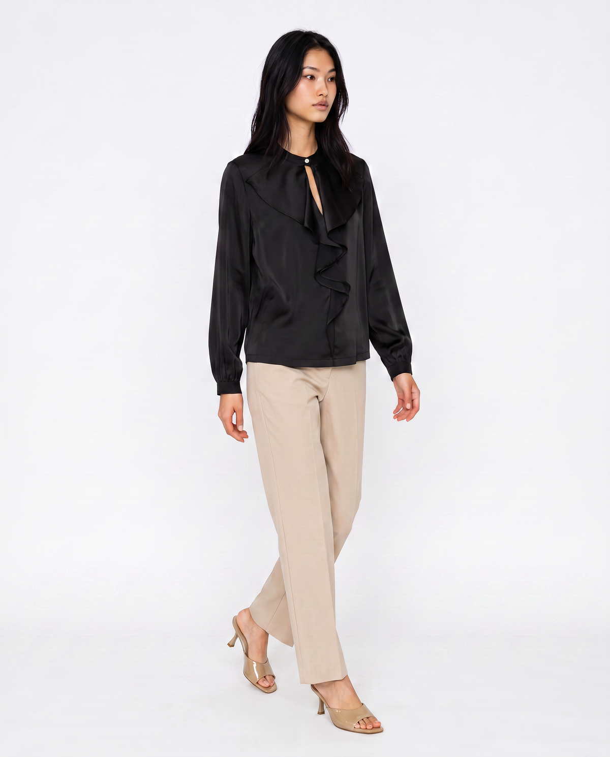 Casacca collo coreano con rouches eleganti - Nero