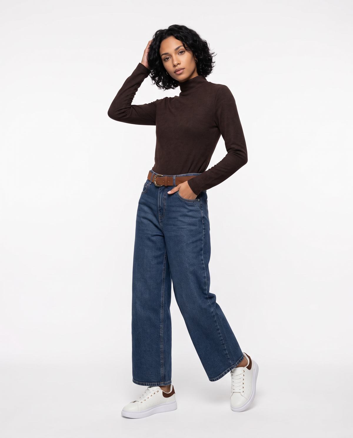 Basic long sleeve t-shirt with high collar - Brown