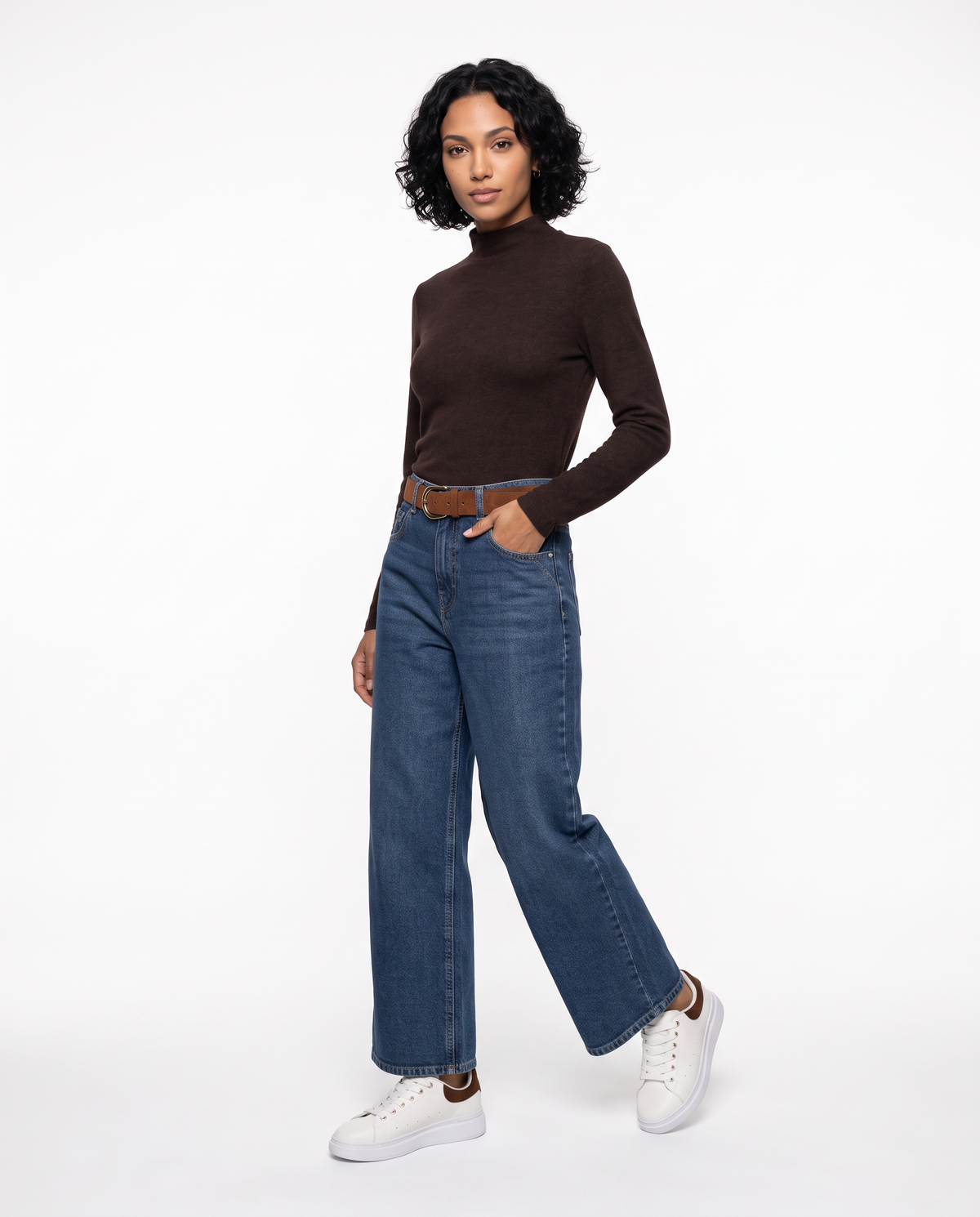 Basic long sleeve t-shirt with high collar - Brown