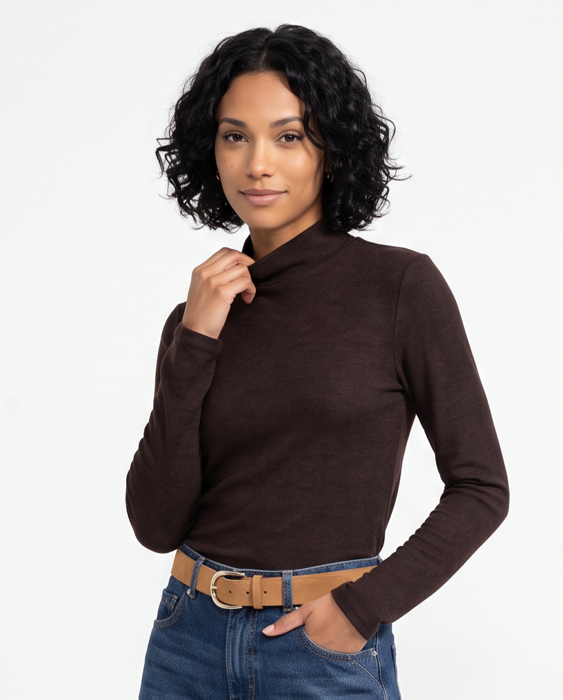 Basic long sleeve t-shirt with high collar - Brown