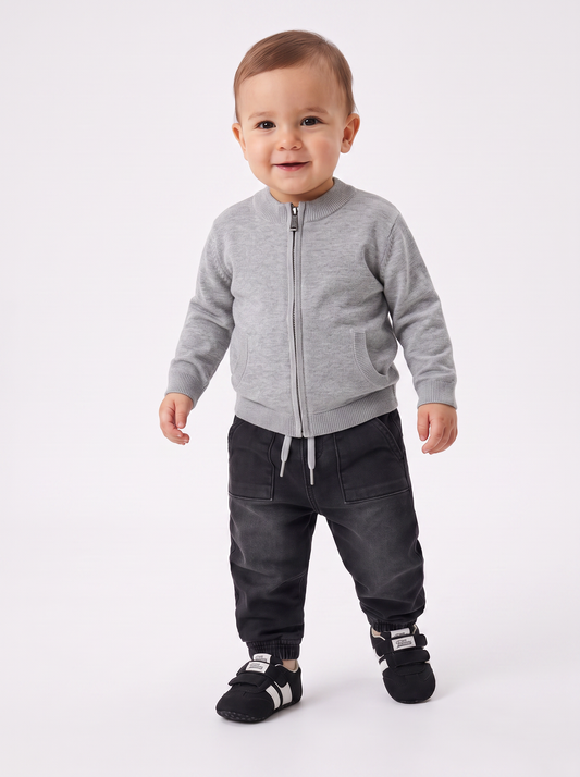 Basic cardigan with zip and kangaroo pocket - Grey