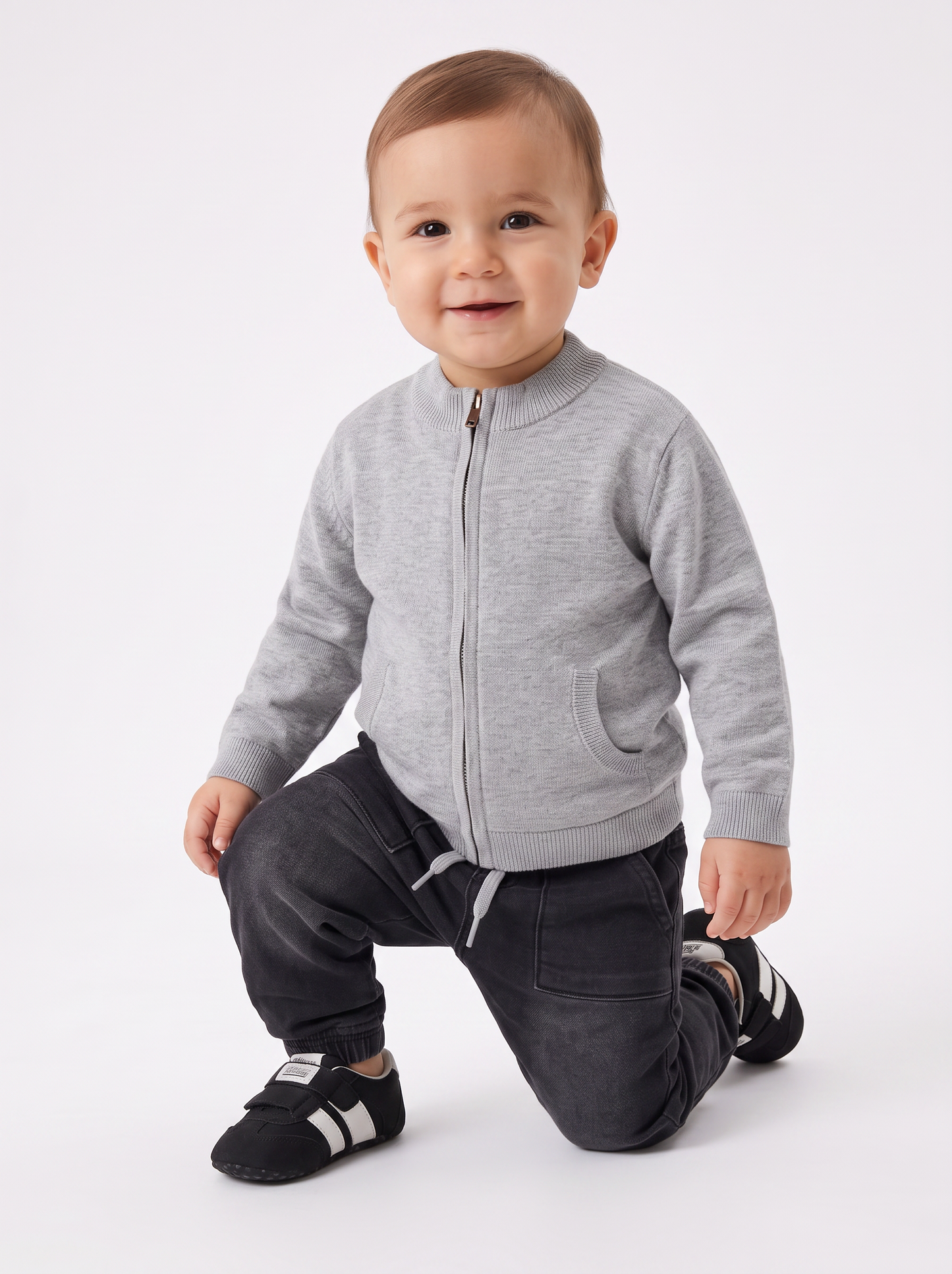 Basic cardigan with zip and kangaroo pocket - Grey