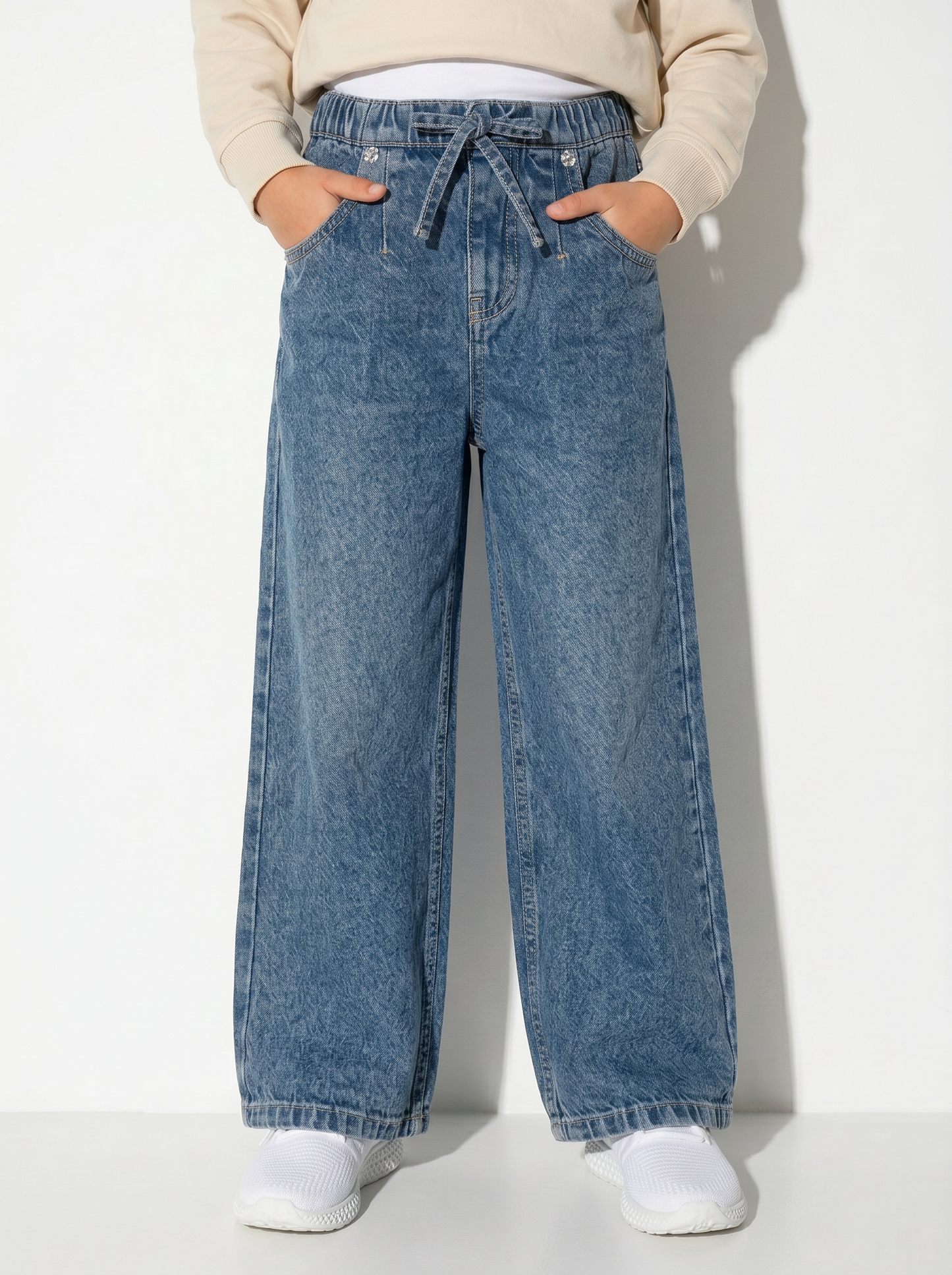 Pantaloni jogger denim wide leg con tasche - Denim