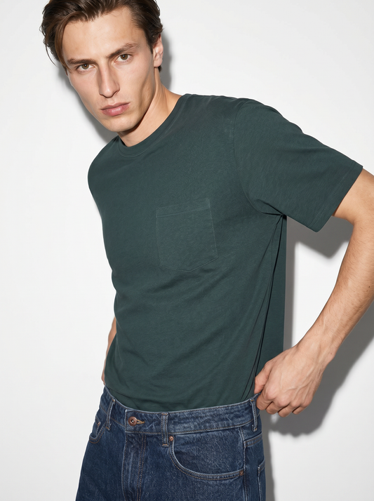 T-shirt basic girocollo con tasca - Verde scuro
