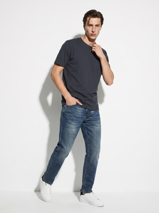 T-shirt basic girocollo con tasca - Blu