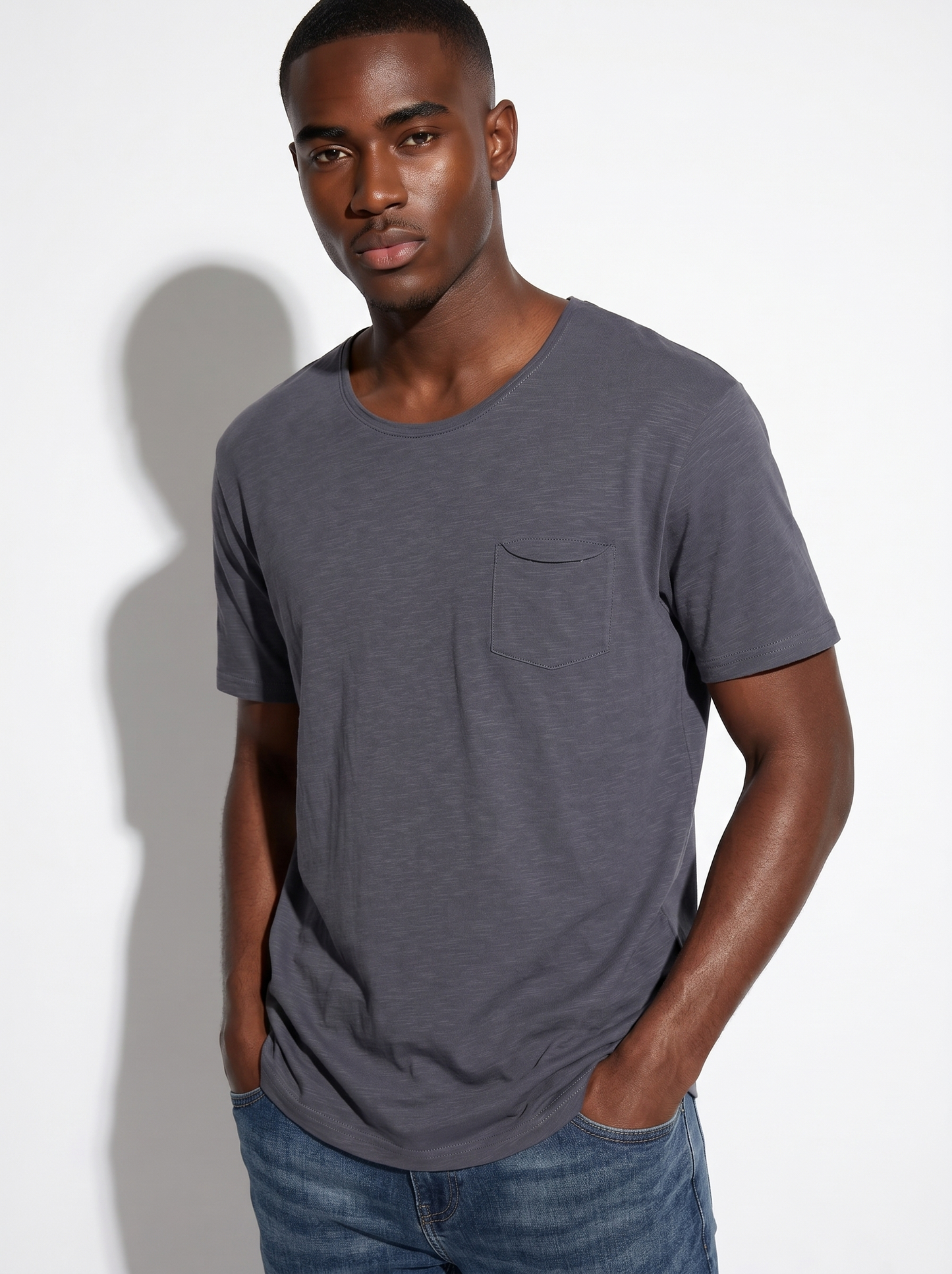Slub cotton loose fit T-shirt with pocket - Blue