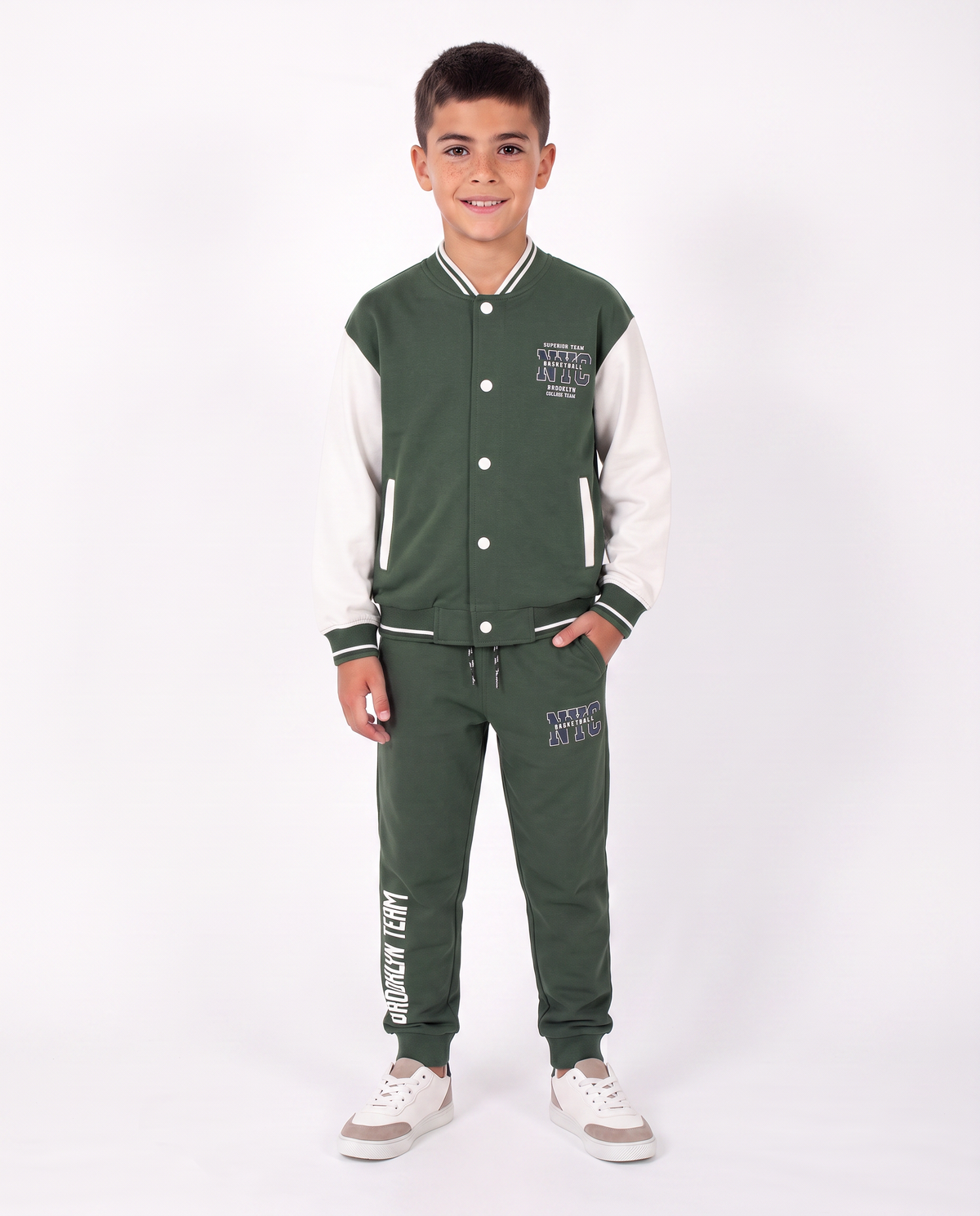 Felpa college in cotone con maniche a contrasto - Verde abete