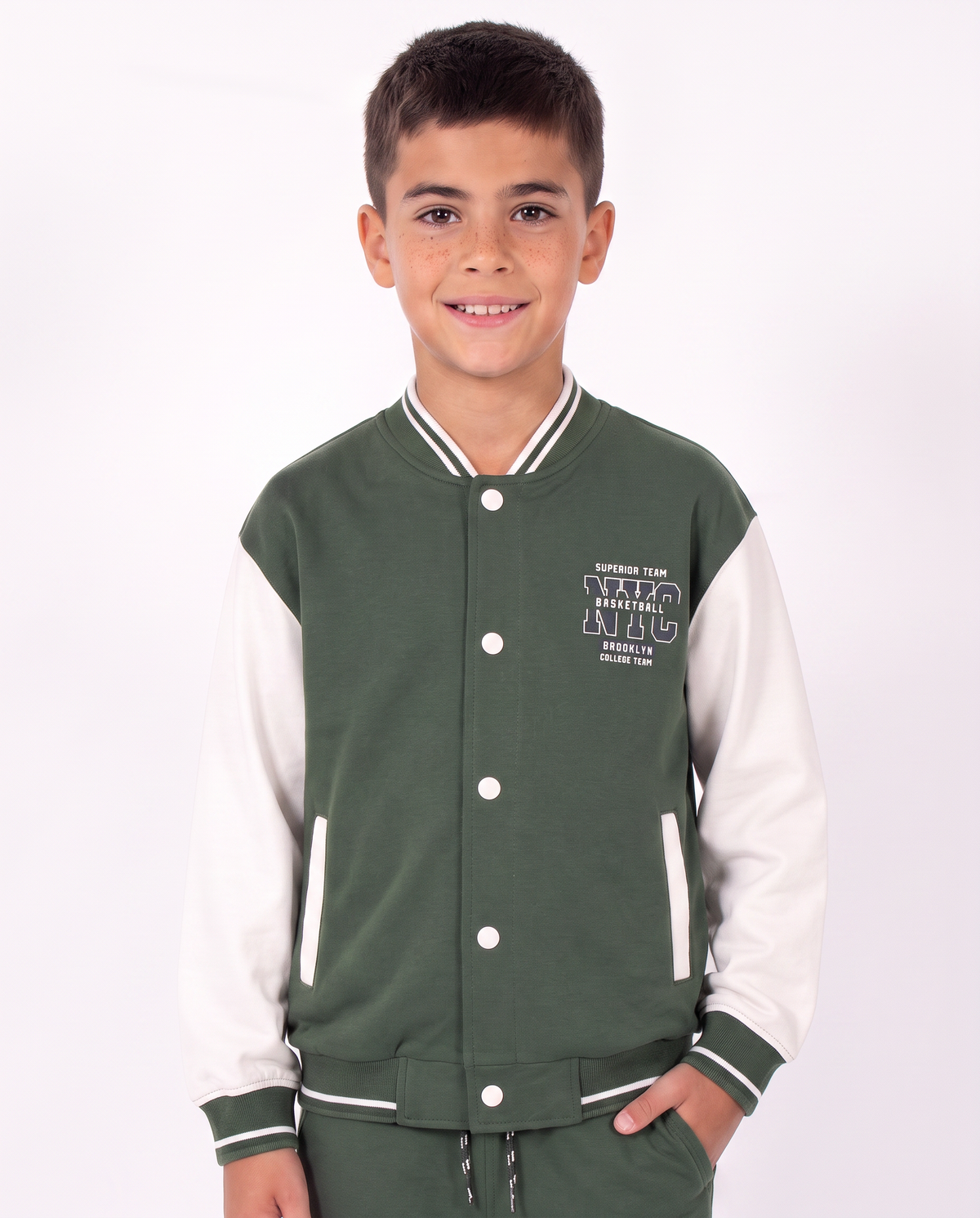 Felpa college in cotone con maniche a contrasto - Verde abete
