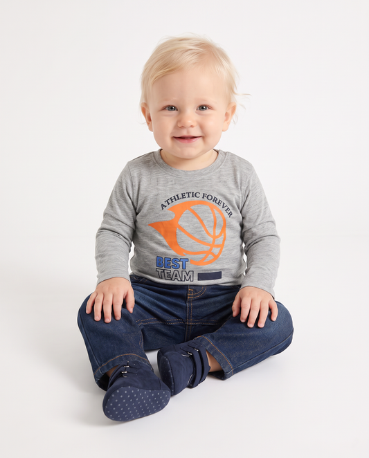 Long sleeve melange T-shirt with print - Grey