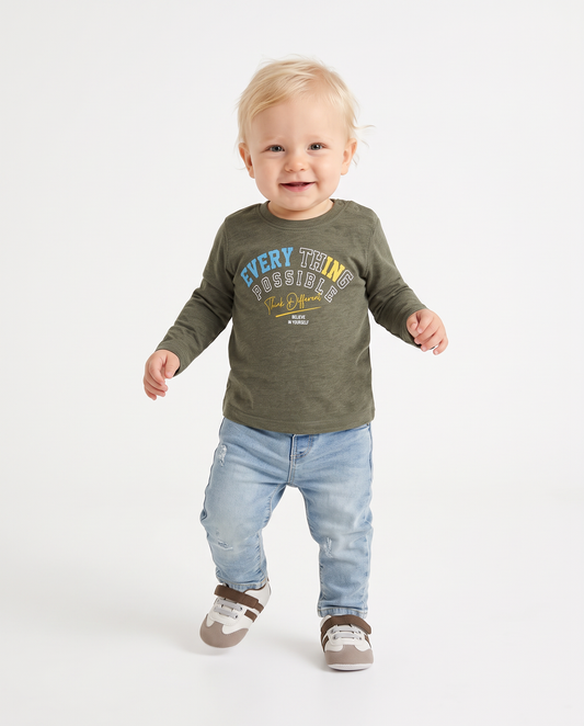 Long sleeve melange T-shirt with print - Green