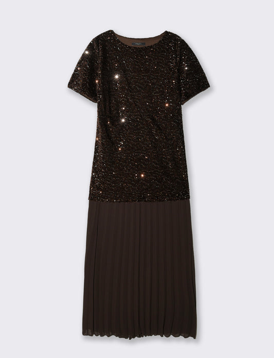 Vestito con maniche corte in paillettes e georgette plisset - Moro