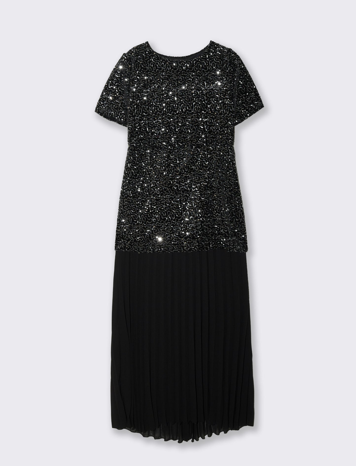 Vestito con maniche corte in paillettes e georgette plisset - Argento