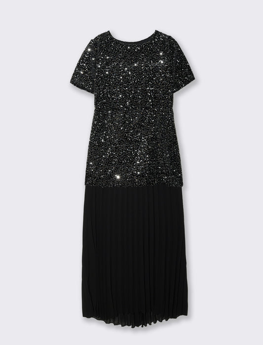 Vestito con maniche corte in paillettes e georgette plisset - Argento