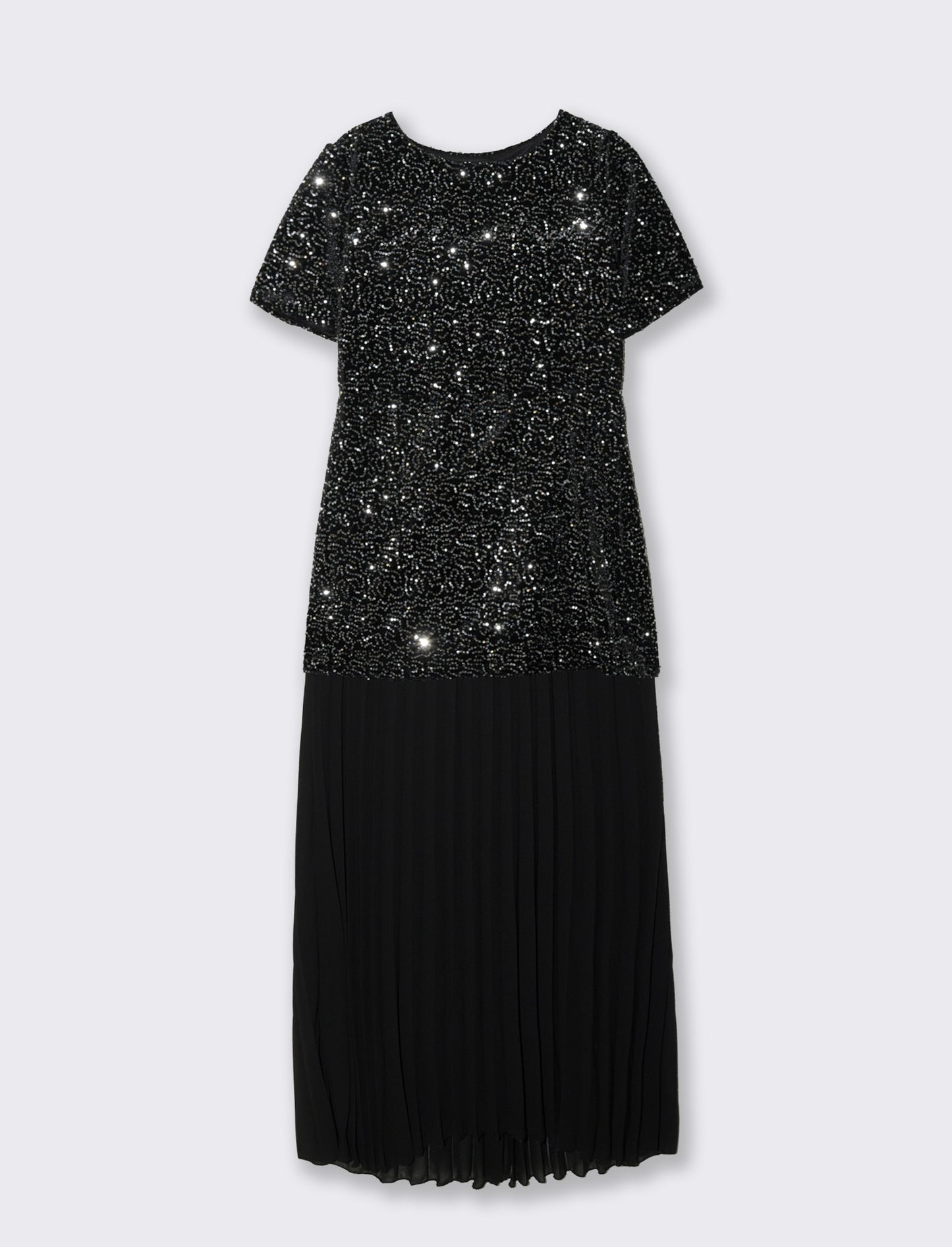 Vestito con maniche corte in paillettes e georgette plisset - Argento