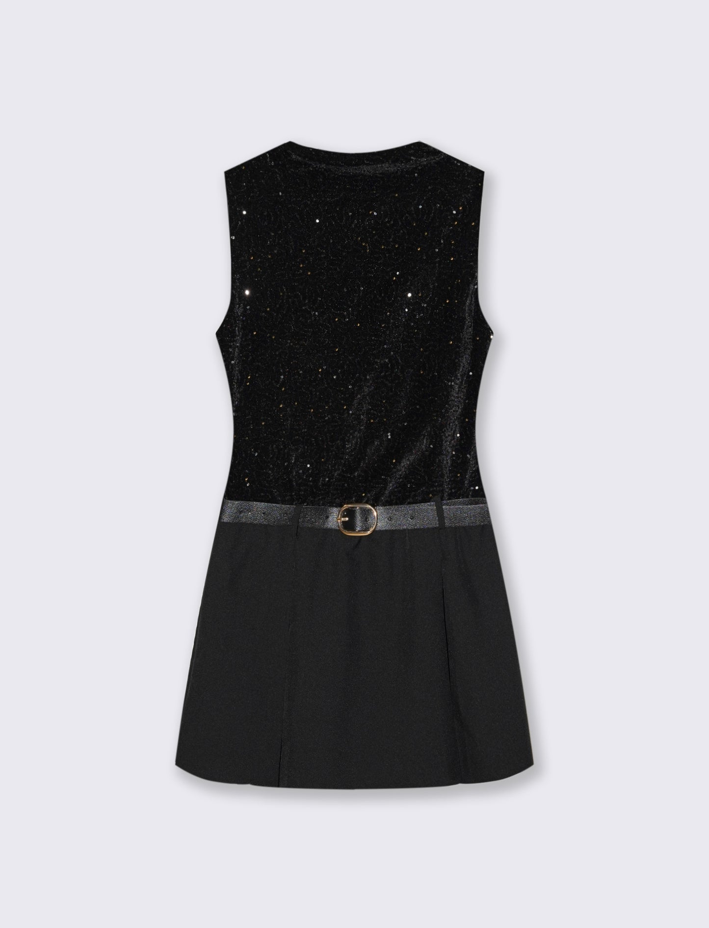 Vestito corto con cintura in doppio tessuto, paillettes e unito. - nero-nero