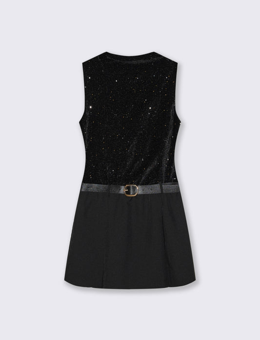 Vestito corto con cintura in doppio tessuto, paillettes e unito. - nero-nero