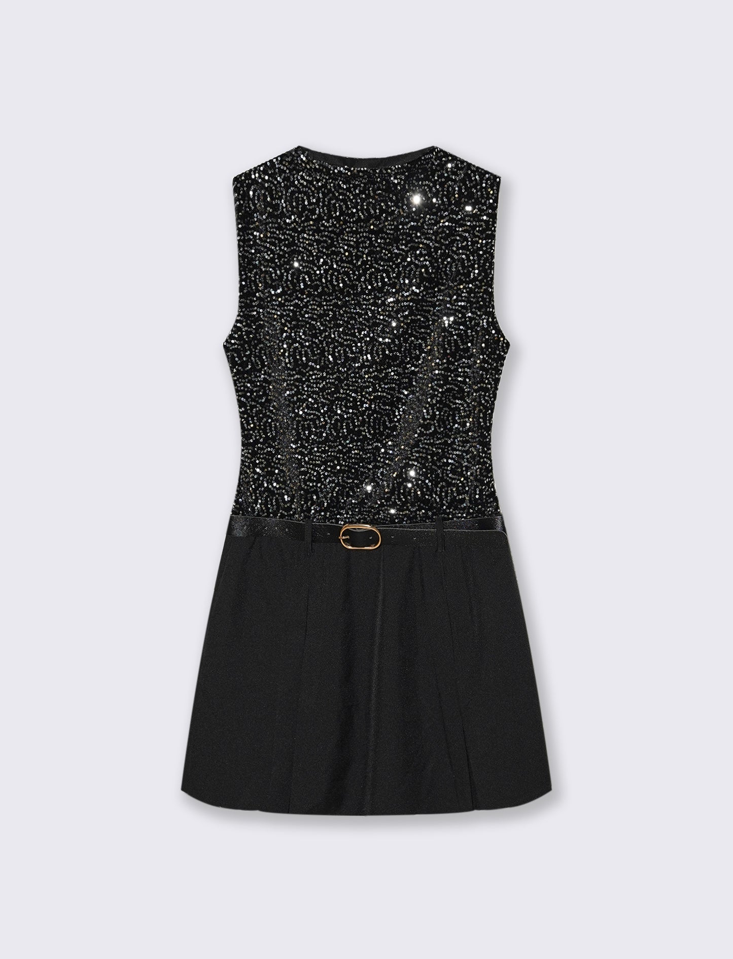 Vestito corto con cintura in doppio tessuto, paillettes e unito. - Nero-argento