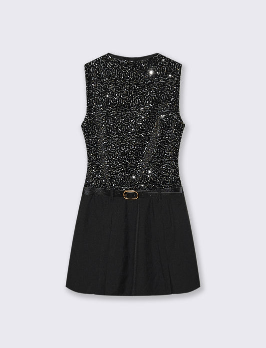 Vestito corto con cintura in doppio tessuto, paillettes e unito. - Nero-argento