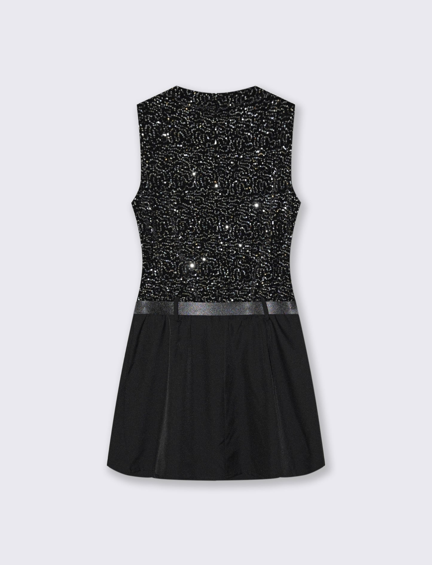 Vestito corto con cintura in doppio tessuto, paillettes e unito. - Nero-argento