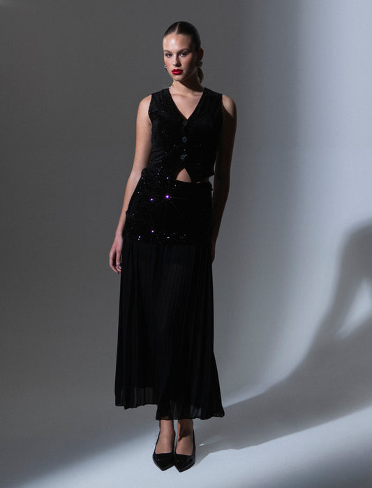 Gonna midi in paillettes e georgette - Nero