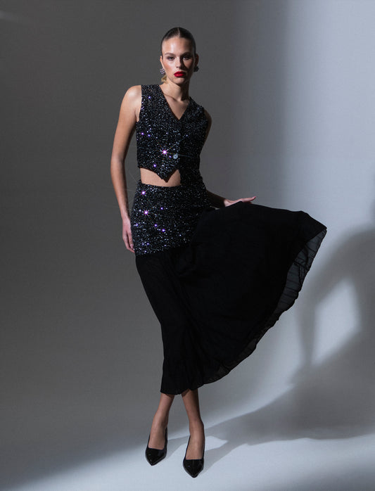 Gonna midi in paillettes e georgette - Argento