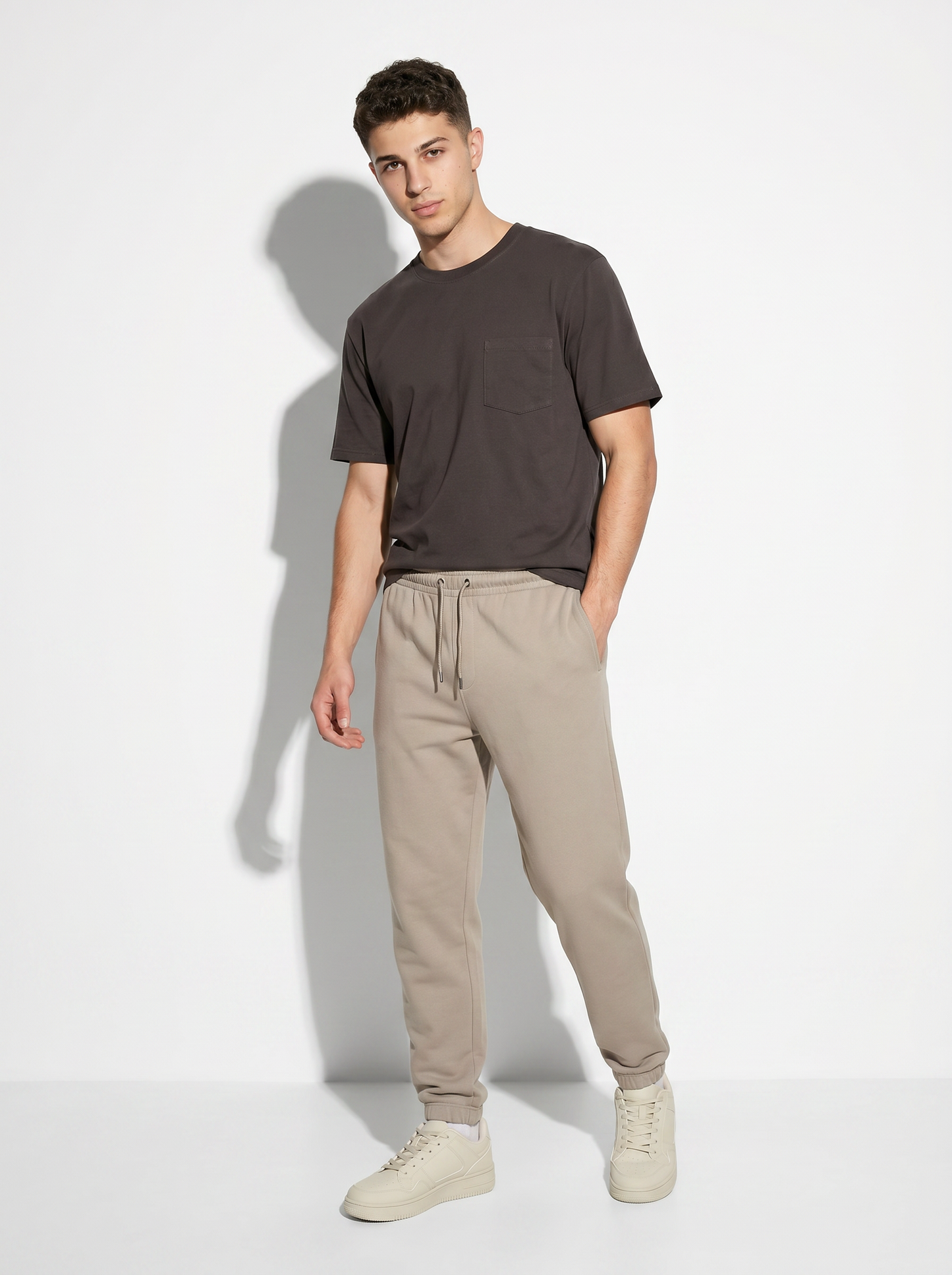 Pantaloni Jogger Basic in Felpa con Elastico - Beige