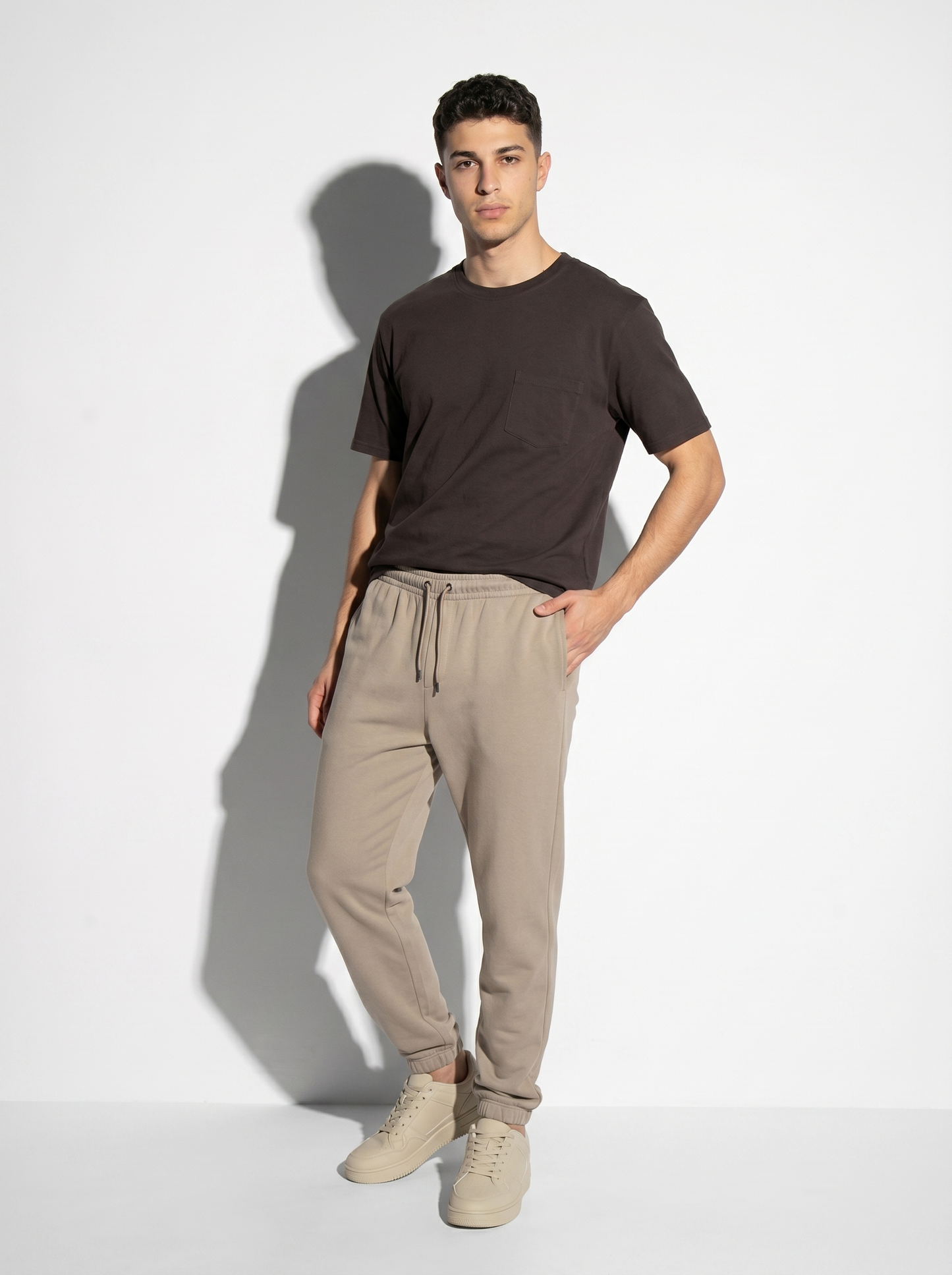 Pantaloni Jogger Basic in Felpa con Elastico - Beige