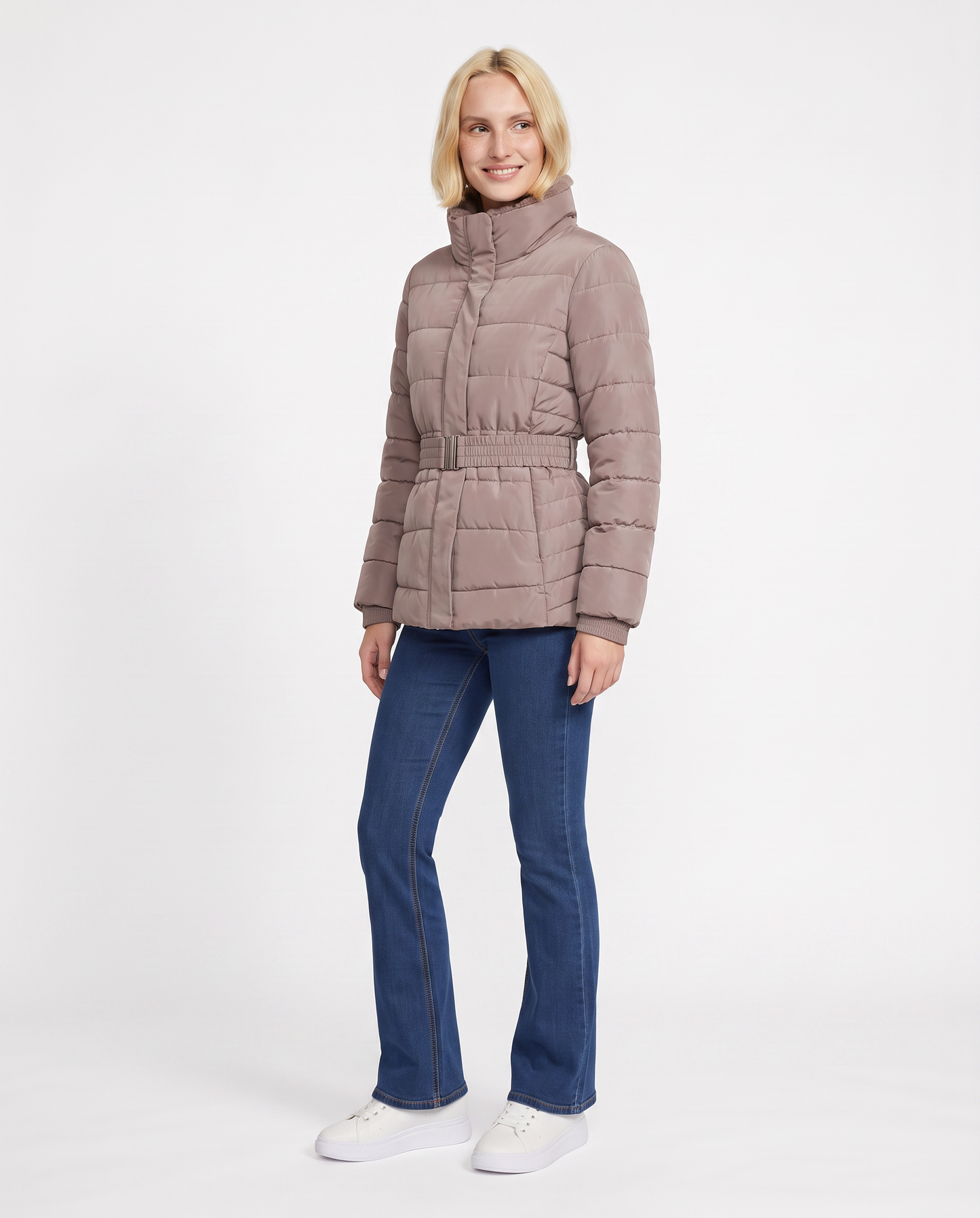 Giubbotto imbottito con cintura elastica - Grigio tortora