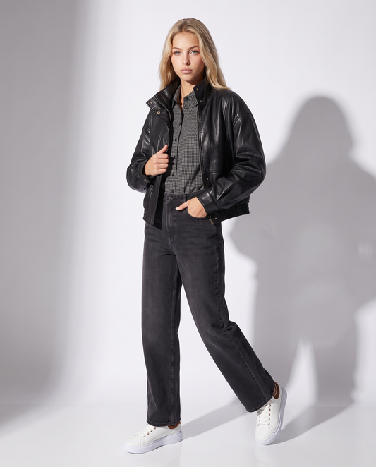 Trendy high-neck cropped bomber - Black