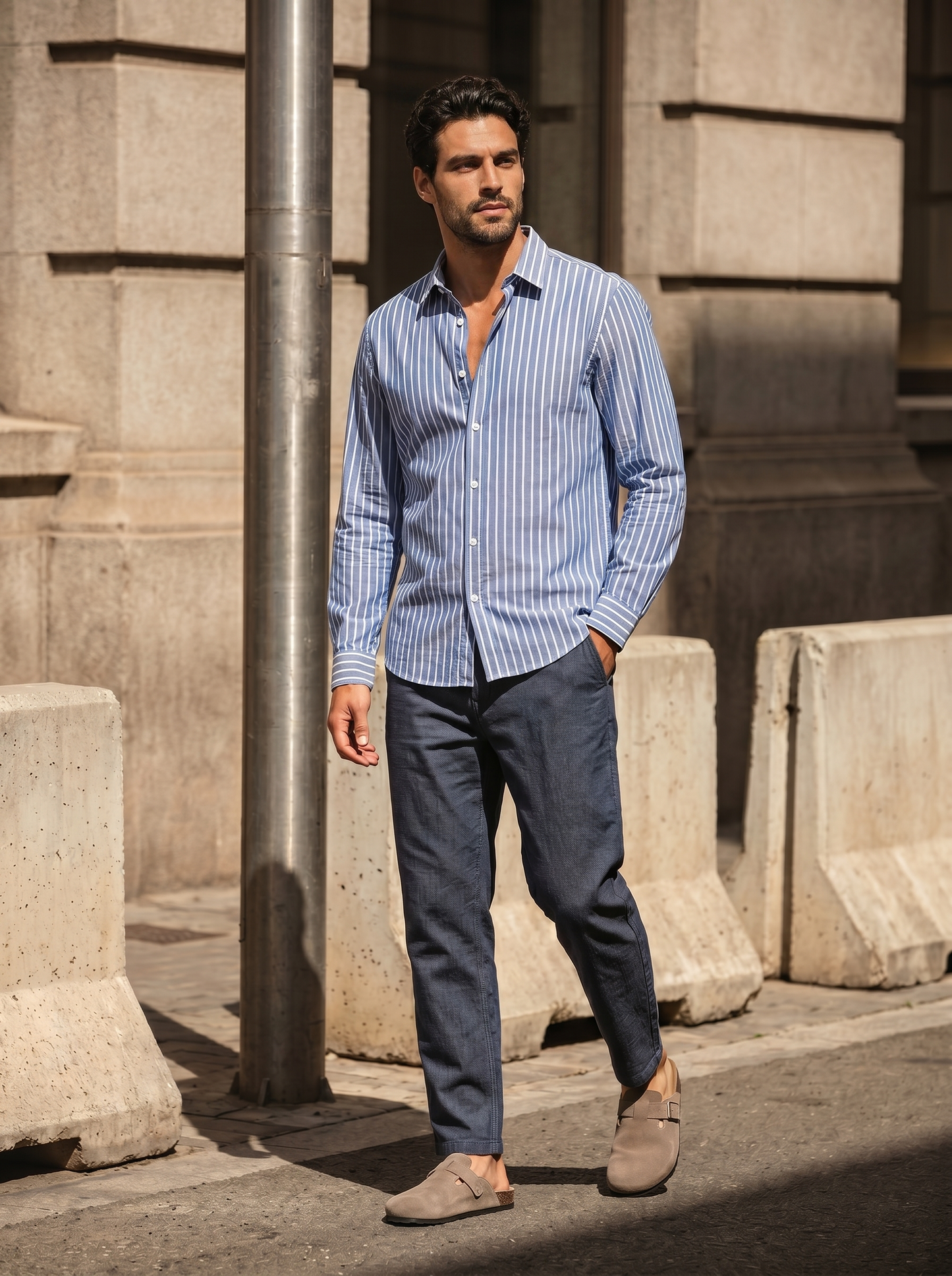 Regular fit striped cotton shirt - Sky blue