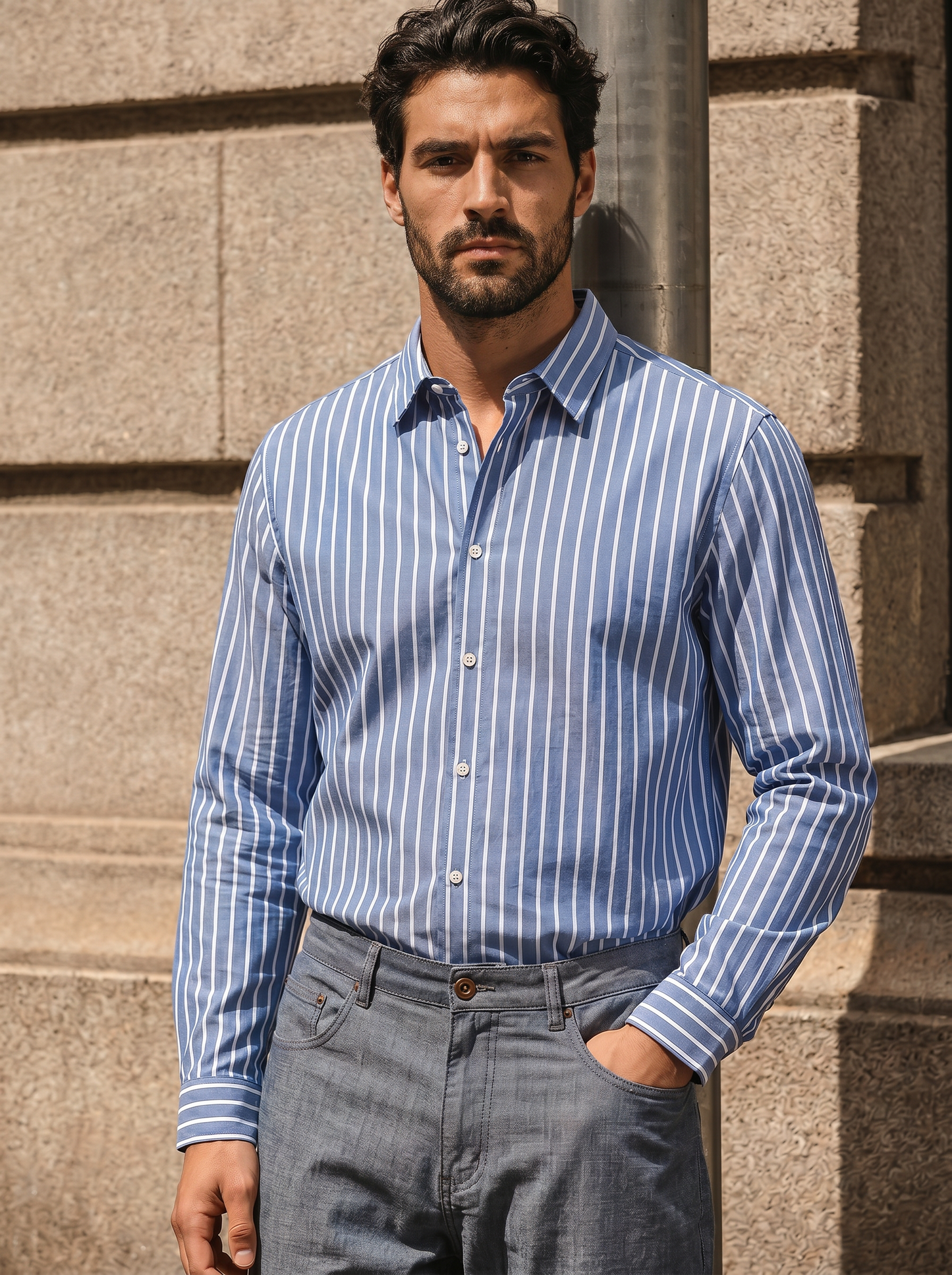 Regular fit striped cotton shirt - Sky blue