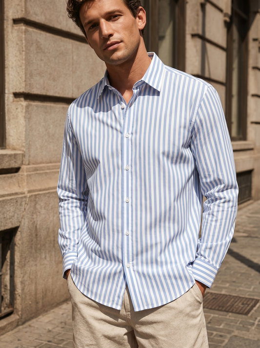 Camicia a righe regular fit in cotone - Azzurro
