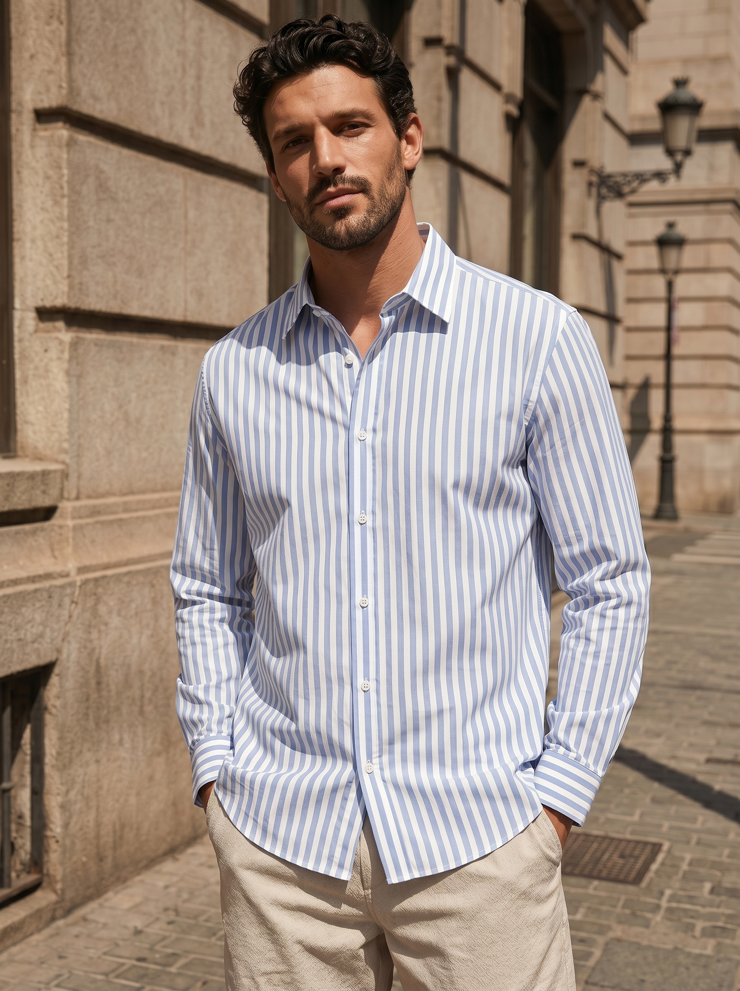 Regular fit striped cotton shirt - Sky blue