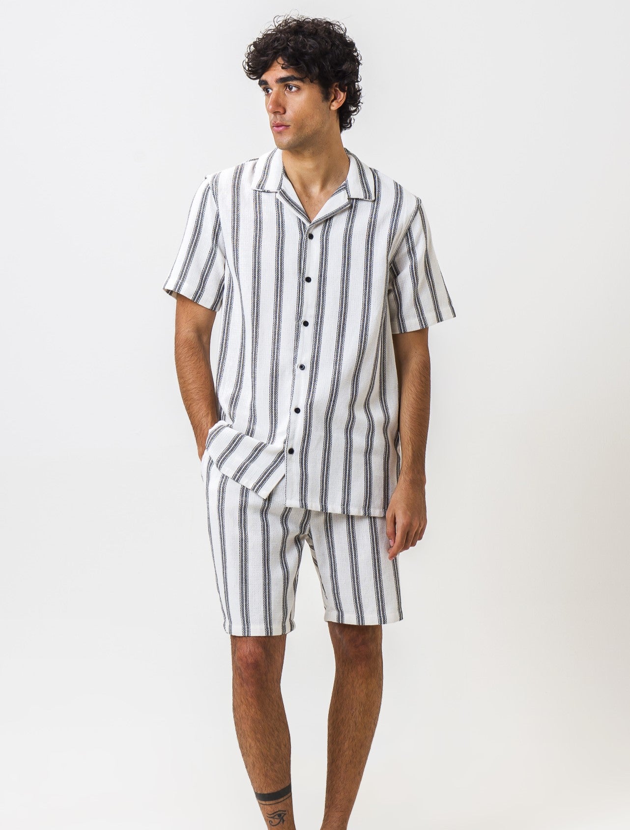 Relaxed Fit Bowling Collar Short Sleeve Striped Shirt - Beige