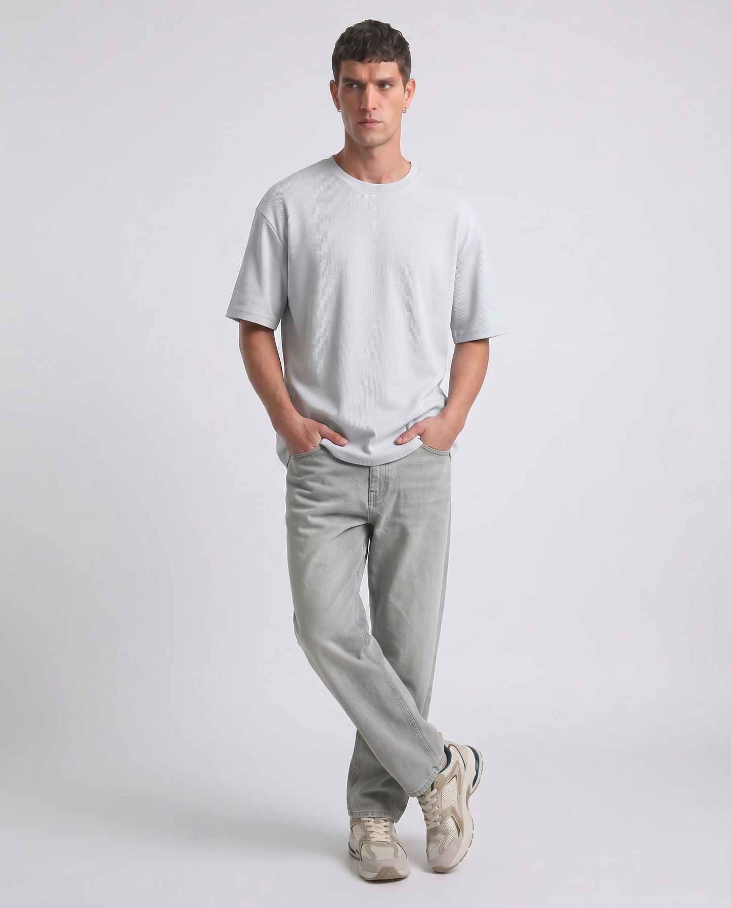 T-shirt girocollo micro waffle regular fit - Celeste polvere