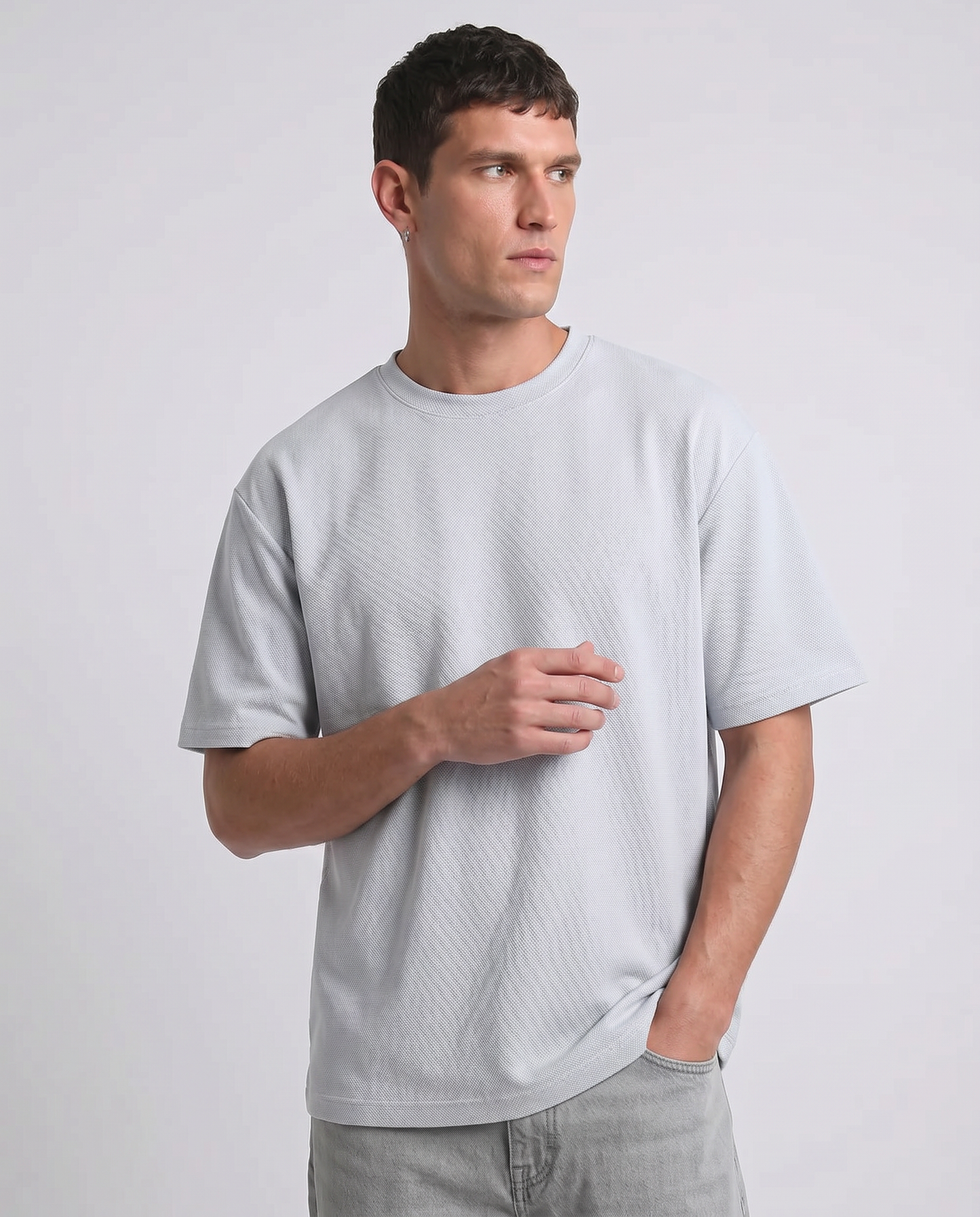 T-shirt girocollo micro waffle regular fit - Celeste polvere
