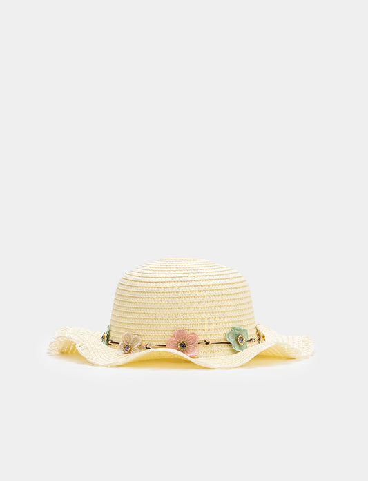 Girl's Hat with Floral Design - White