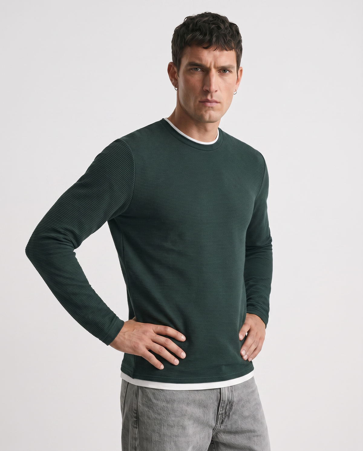 T-shirt maniche lunghe con orli a contrasto - Verde scuro