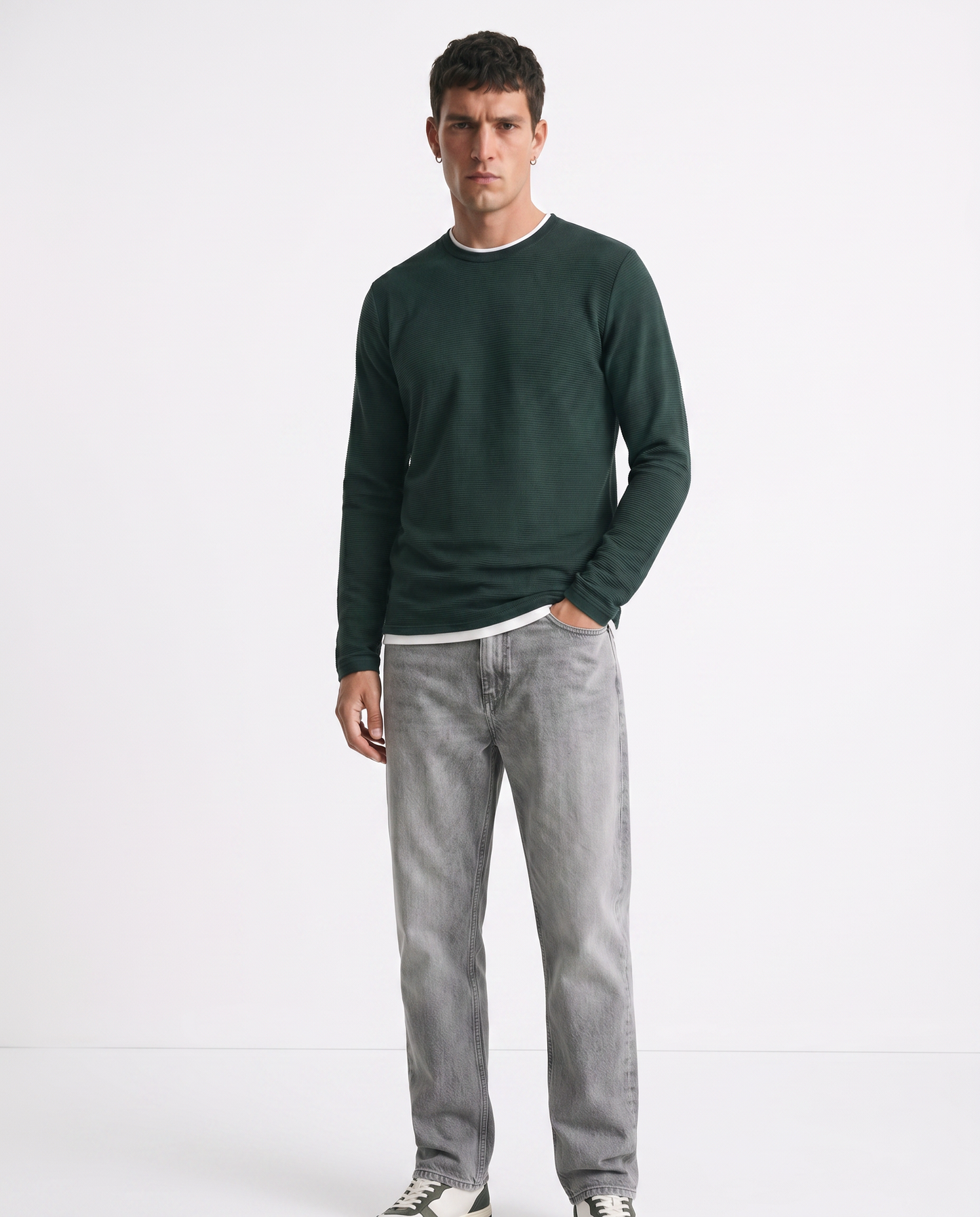 T-shirt maniche lunghe con orli a contrasto - Verde scuro