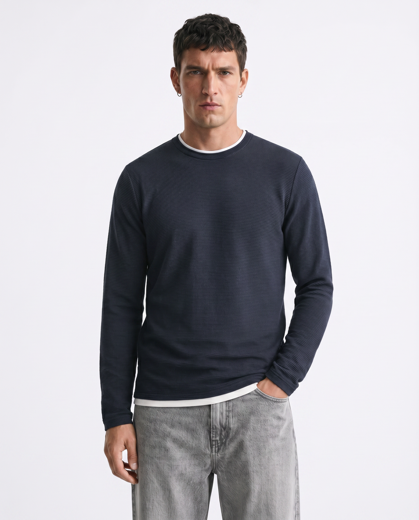 T-shirt maniche lunghe con orli a contrasto - Blu