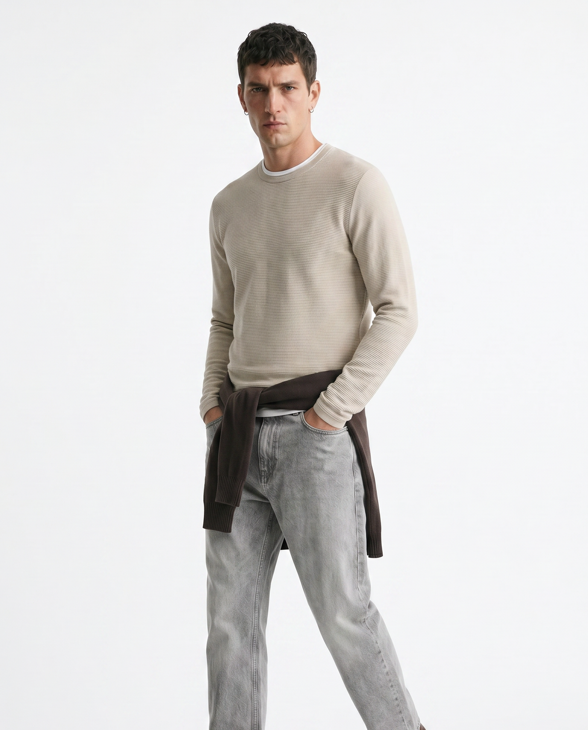 T-shirt maniche lunghe con orli a contrasto - Grigio ghiaccio