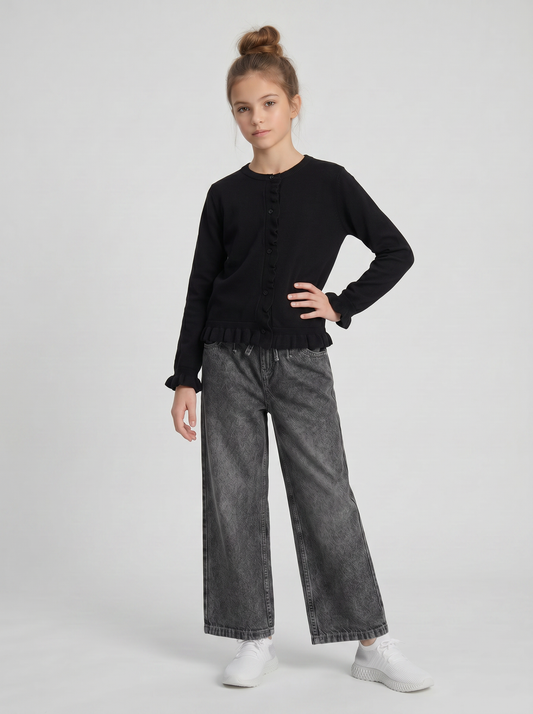Cardigan da bambina con rouches e slim fit - Nero