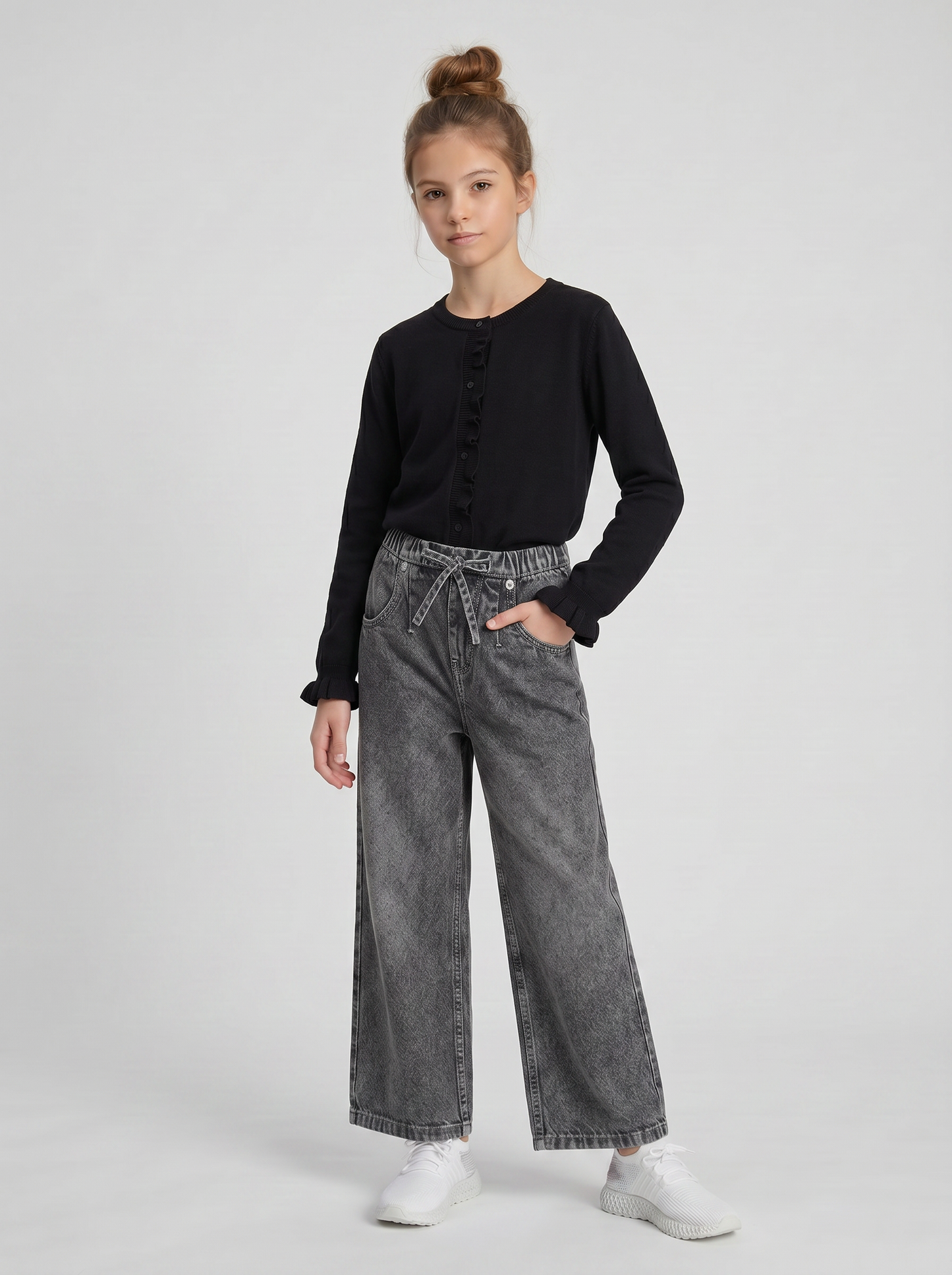 Cardigan da bambina con rouches e slim fit - Nero