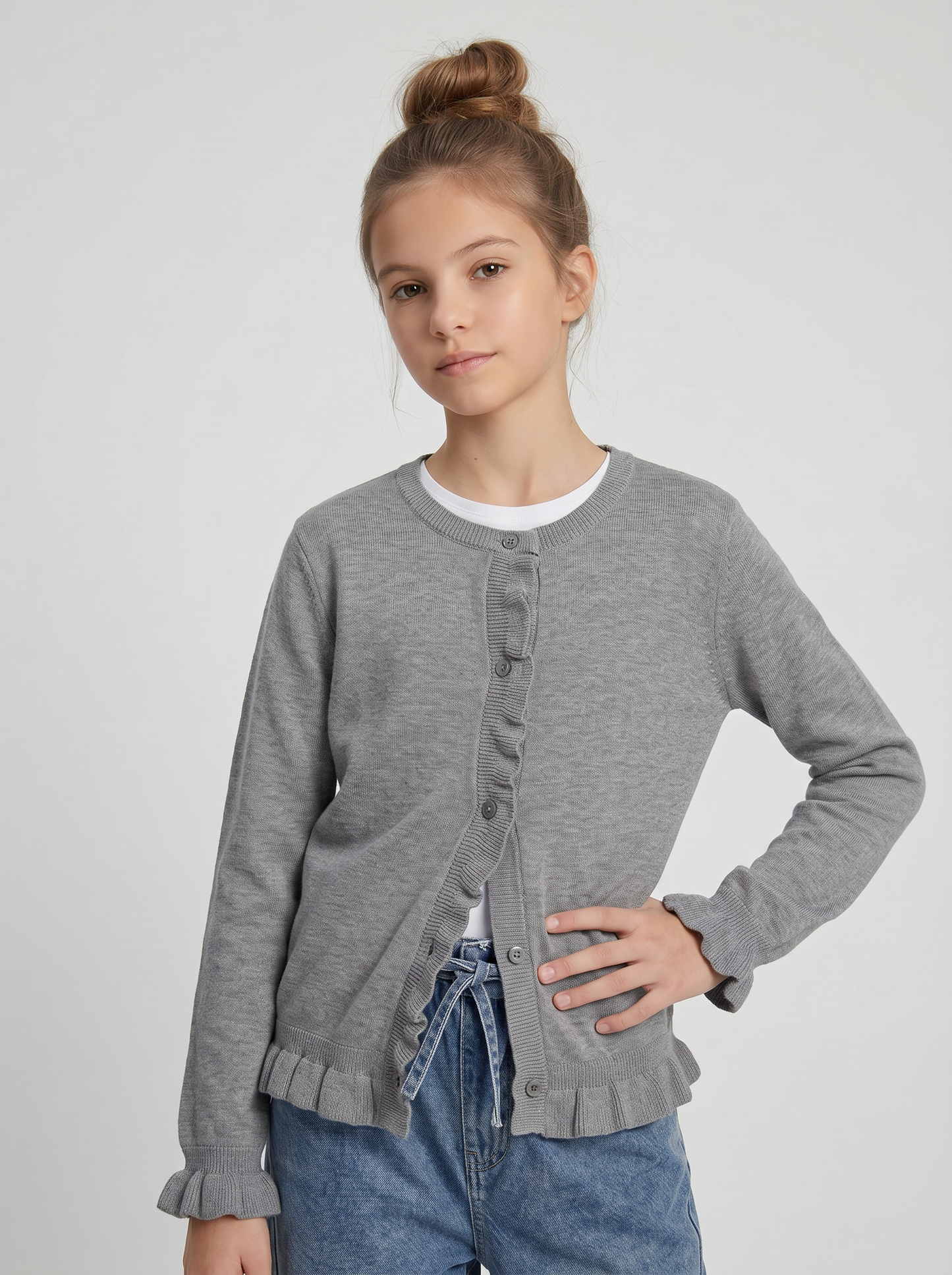 Girl's cardigan with ruffles and slim fit - Grey