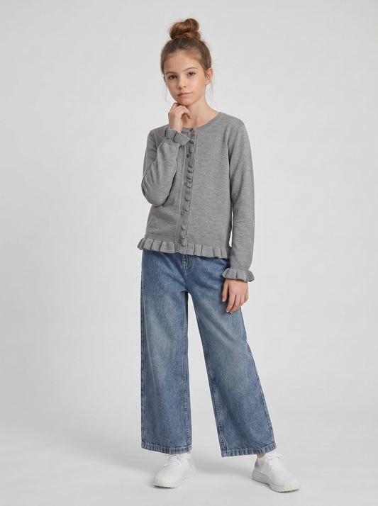 Cardigan da bambina con rouches e slim fit - Grigio mel.