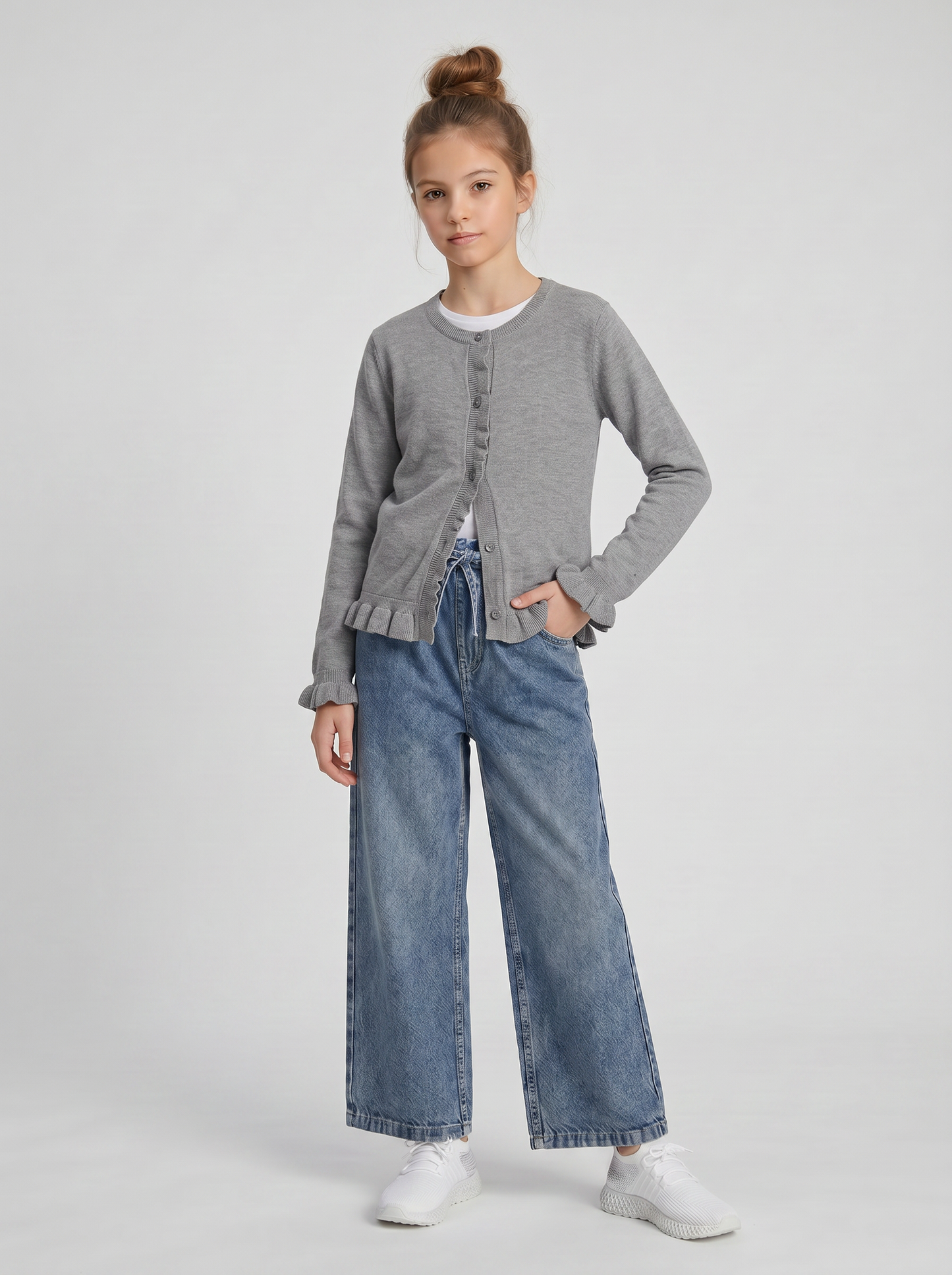 Girl's cardigan with ruffles and slim fit - Grey