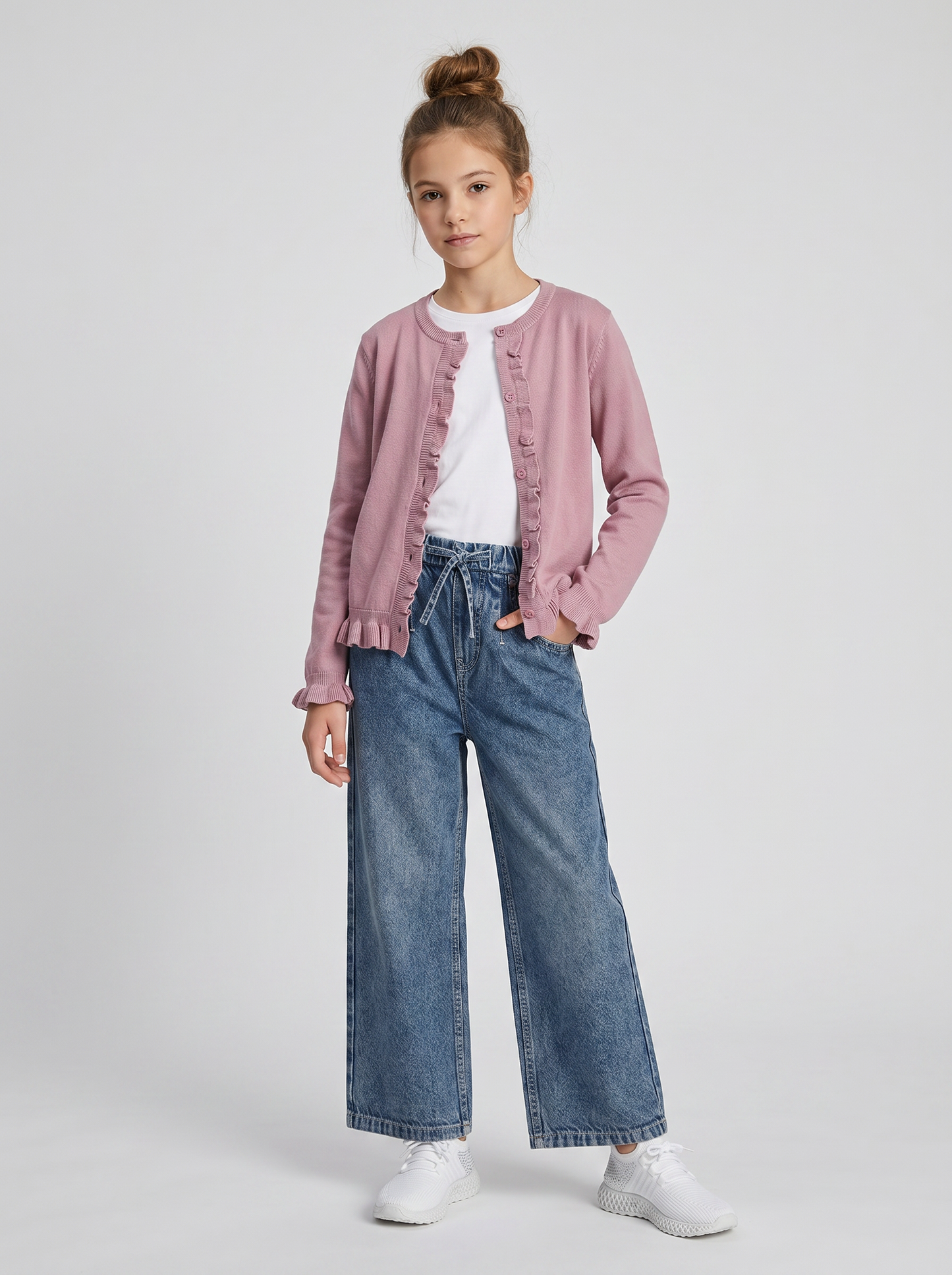 Cardigan da bambina con rouches e slim fit - Rosa polvere