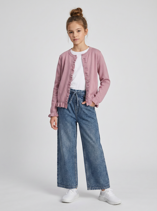 Cardigan da bambina con rouches e slim fit - Rosa polvere