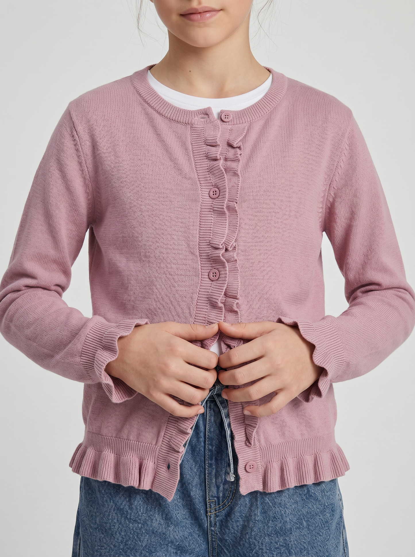 Cardigan da bambina con rouches e slim fit - Rosa polvere