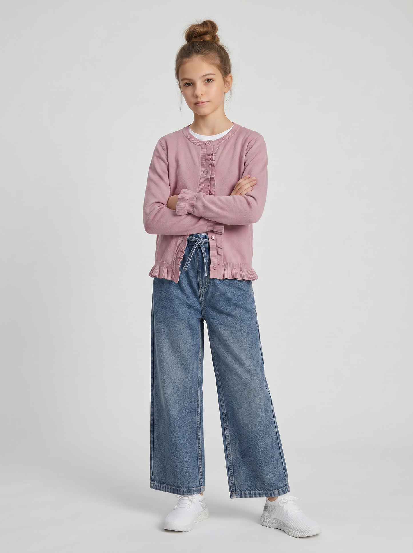 Cardigan da bambina con rouches e slim fit - Rosa polvere